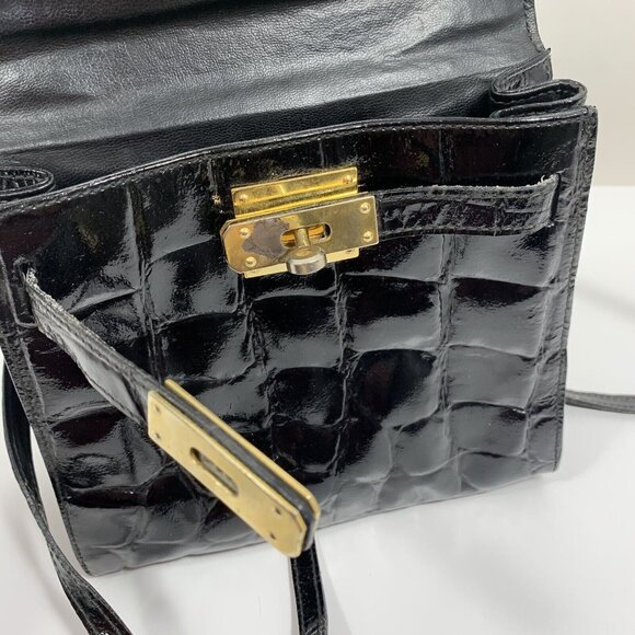 Meyers Black Patent Leather Purse Moc Croc Made ITALY Shoulder Handbag VTG - Picture 10 of 13